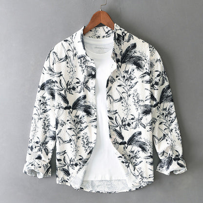 Langærmet herreskjorte med retro blomsterprint og løs pasform - 6